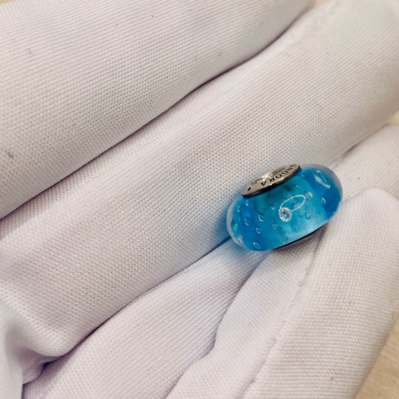 EUC Pandora 791618CZ Sterling Silver Blue Effervescence Murano Glass Charm w/ CZ - Picture 3 of 8